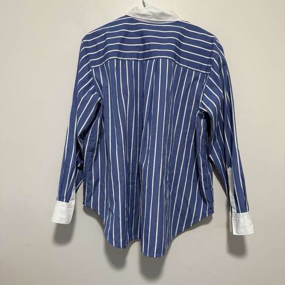 Spanx Blue Relaxed Fit Poplin Stripe Button Front Top Size Large - Picture 6 of 9